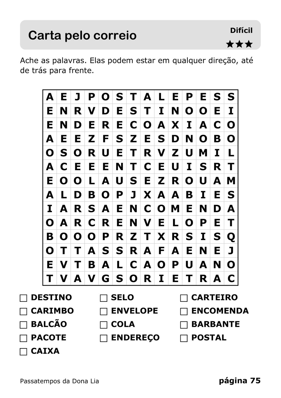 Página 75 do livro: Caça-palavras difícil, Carta pelo correio